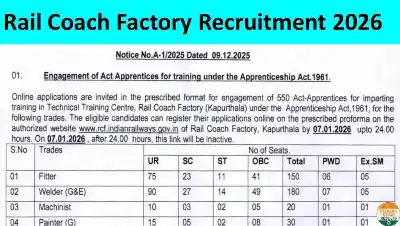 Rail Coach Factory Recruitment 2026: 550 नौकरियाँ, 9 दिसंबर से करें आवेदन