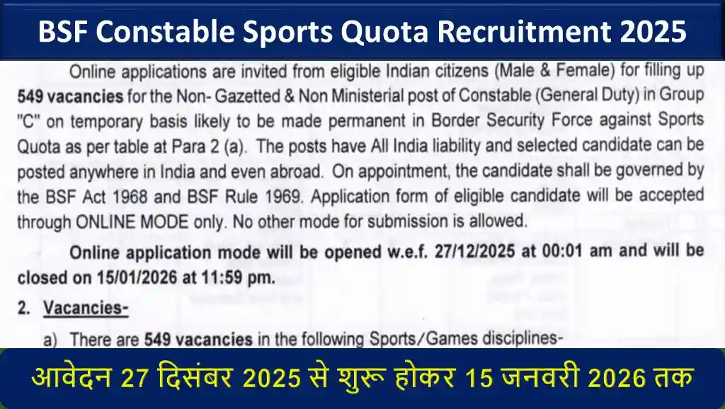 BSF Constable Sports Quota Recruitment 2025: बीएसएफ द्वारा कांस्टेबल जीडी के 549 पदों पर भर्ती